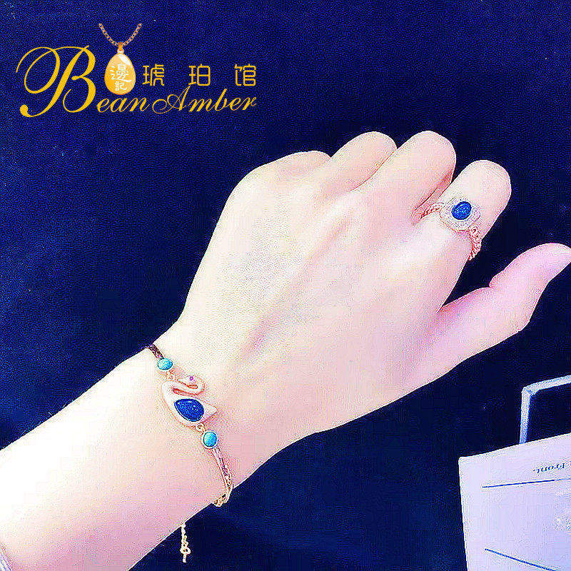 边记琥珀手镯优雅天鹅多米尼加蓝珀手链S925纯银镀玫瑰金森系手环