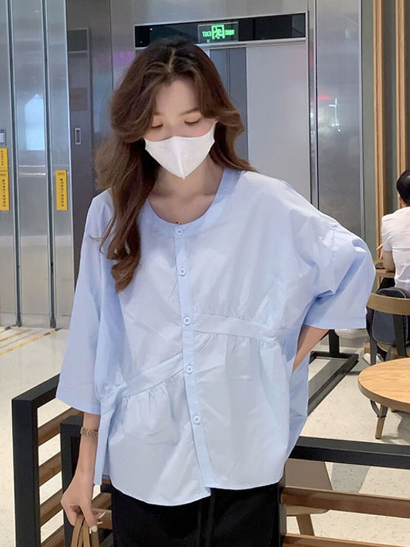 출산 여름 반팔 셔츠 다재다능하고 패셔너블하고 귀엽고 헐렁한 흰색 베이비돌 셔츠 얇은 출산 셔츠 상의
