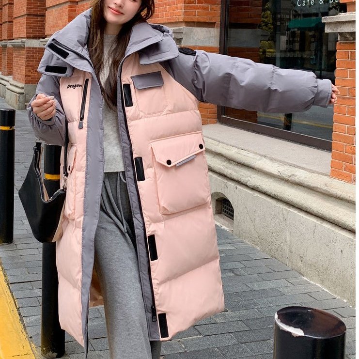 韩版羽绒棉服女冬季长款撞色气质时尚连帽加厚棉衣百搭保暖外套