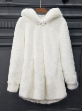 海宁水貂毛皮草外套女秋冬中长款仿兔毛连帽貂皮大衣整貂加厚大码