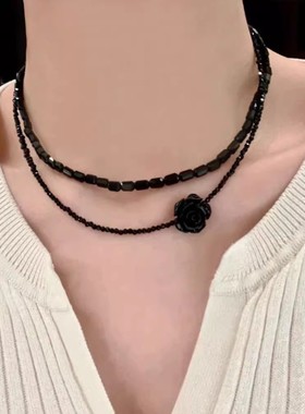 个性双层黑玫瑰花水晶串珠项链女