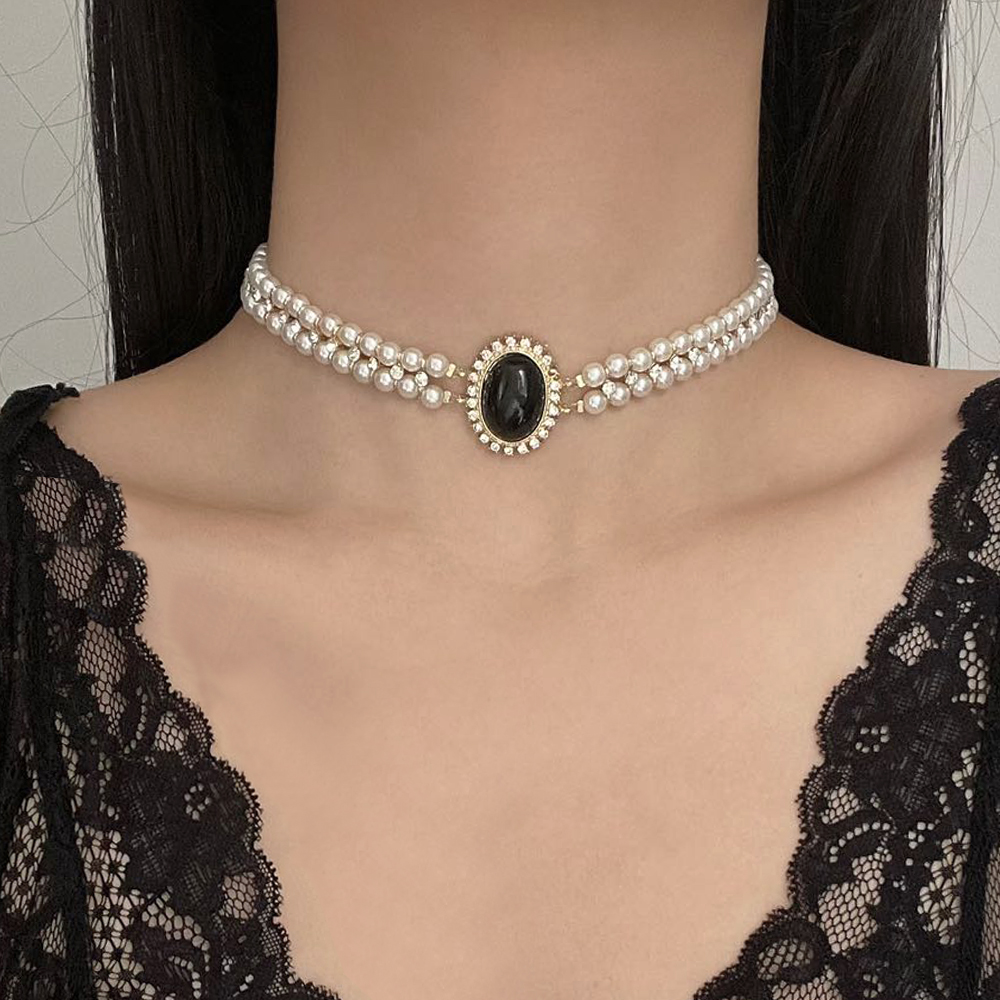 赫本风复古双层珍珠黑宝石项链女