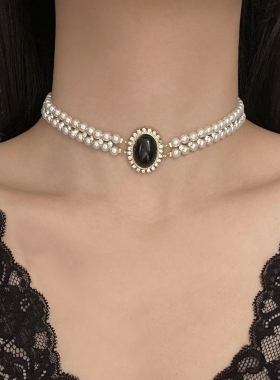 赫本风复古双层珍珠黑宝石项链女