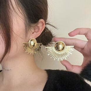 欧美个性夸张金属扇形耳环女轻奢高级感创意放射状耳钉冷淡风耳饰