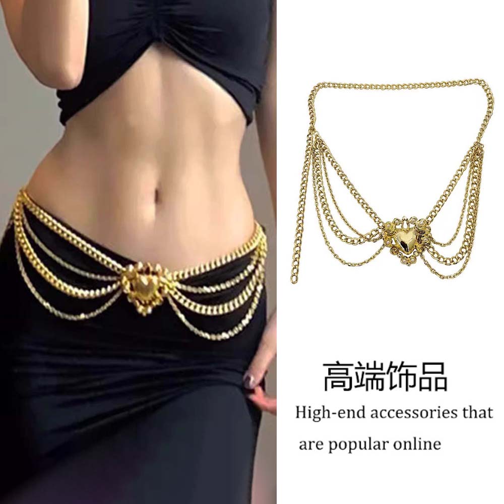 欧美复古多层金属链条爱心腰链女