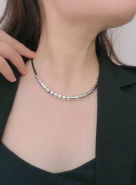 韩式新款黑皮绳银色转运圈项链女