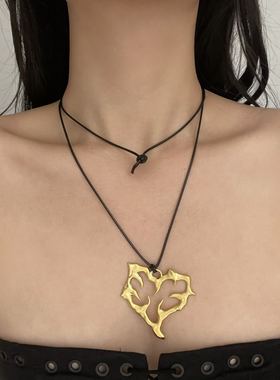 时尚简约金属镂空爱心项链女韩式长款黑皮绳小众设计锁骨链毛衣链