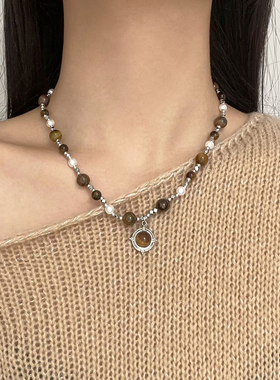 轻奢高级感虎眼石串珠吊坠项链女