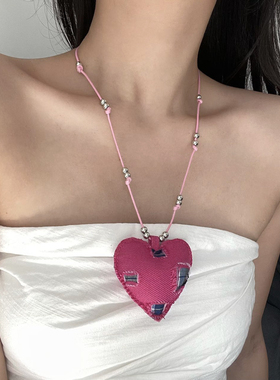 时尚牛仔布艺补丁爱心吊坠项链女