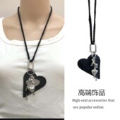 长款 编织黑绳爱心小狗化妆镜吊坠项链女小众设计ins可拆卸毛衣链