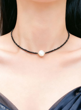 韩式简约黑尖晶串珠珍珠项链女