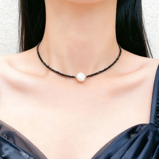 韩式简约黑尖晶串珠珍珠项链女时尚潮流气质短款锁骨链choker颈链