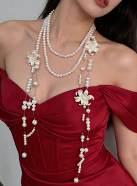 轻奢时髦立体花朵珍珠串珠项链女