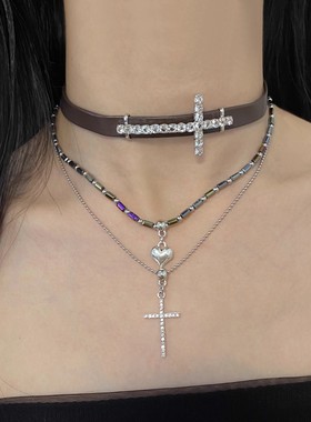 多层叠戴皮质十字架爱心项链女