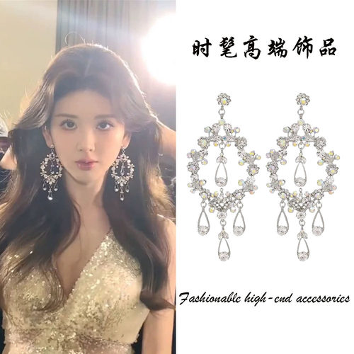 轻奢夸张彩钻流苏水滴长款耳环女