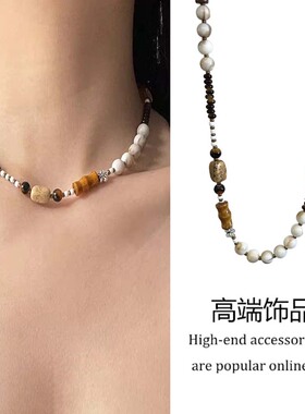 新中式复古木质玛瑙石串珠项链女