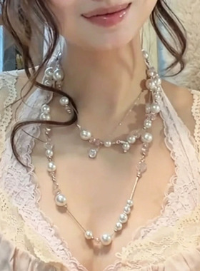 满天星珍珠水晶串珠叠戴项链女款