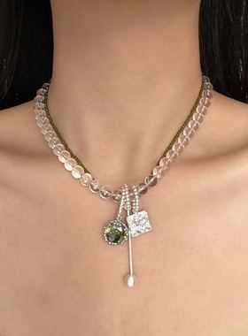 时尚透明水晶串珠方糖吊坠项链女