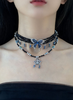 多层黑尖晶串珠蝴蝶蜜蜂项链女