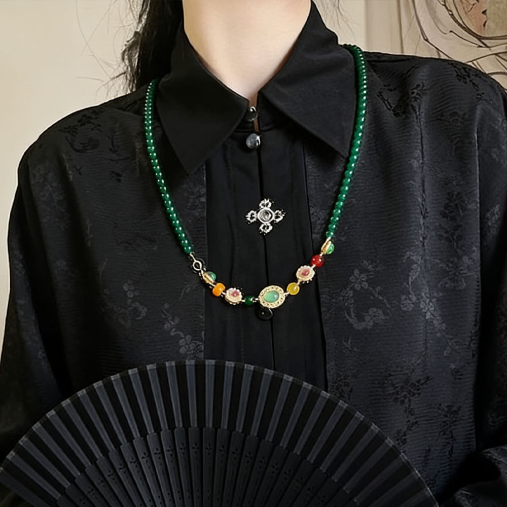 新中式长款绿珠串珠项链女毛衣链图片