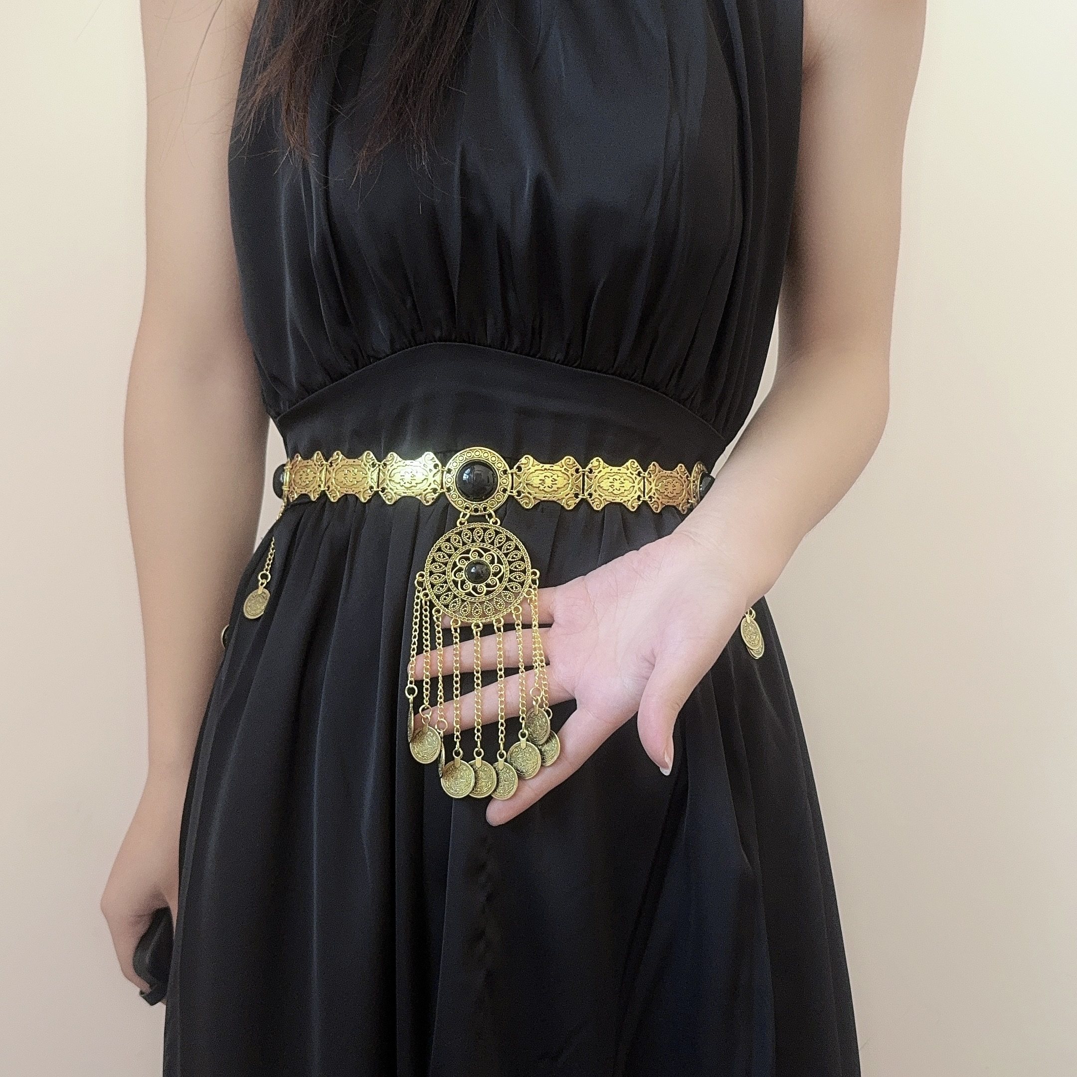 复古做旧黑曜石几何拼接钱币腰链流苏民族风合金个性轻奢时尚饰品