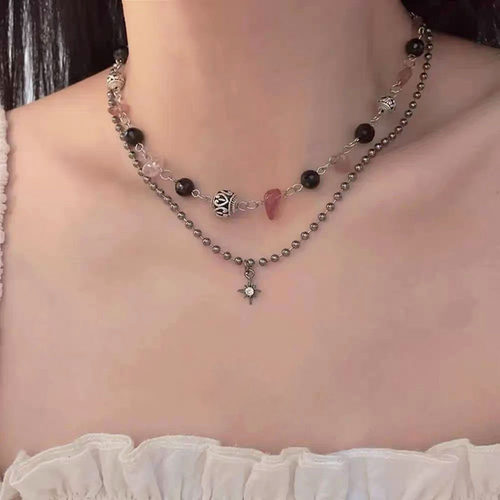 潮酷辣妹碎石串珠森系叠戴项链女