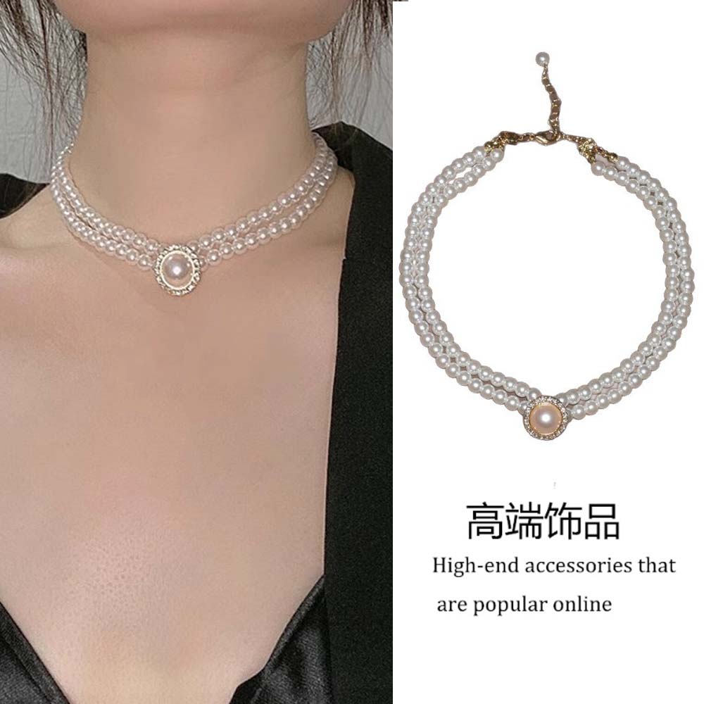 法式复古宫廷风双层珍珠花项链女