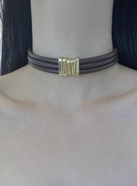 欧美夸张三层皮质几何金属项链女