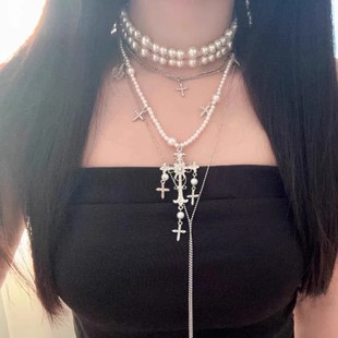 甜酷辣妹叠戴水滴珍珠镶钻十字架项链轻奢高级感气质长款毛衣链女