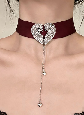 法式轻奢红色镶钻爱心流苏项链女