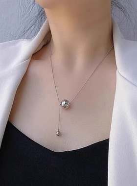 简约钛钢金属球吊坠蛇骨链项链女