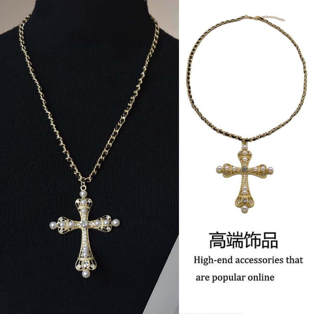 金属十字架镶钻珍珠项链毛衣链女