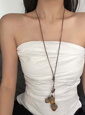 新中式复古木质橡果吊坠长项链女