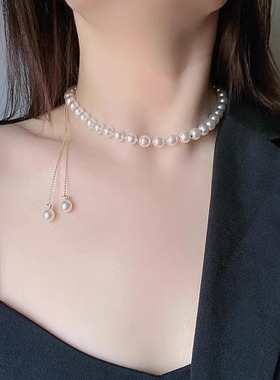 法式长款可调节抽拉式珍珠项链女
