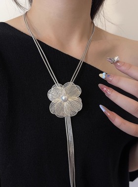 花朵珍珠流苏多层蛇骨链项链女