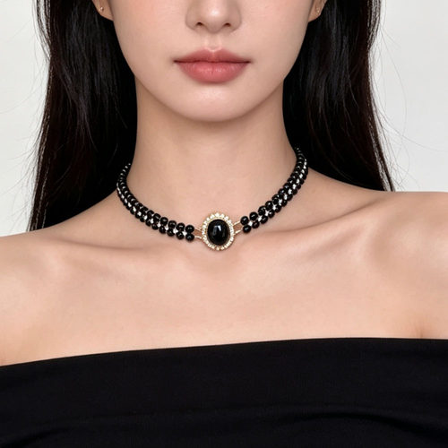暗黑风黑珍珠串珠闪钻多层项链女