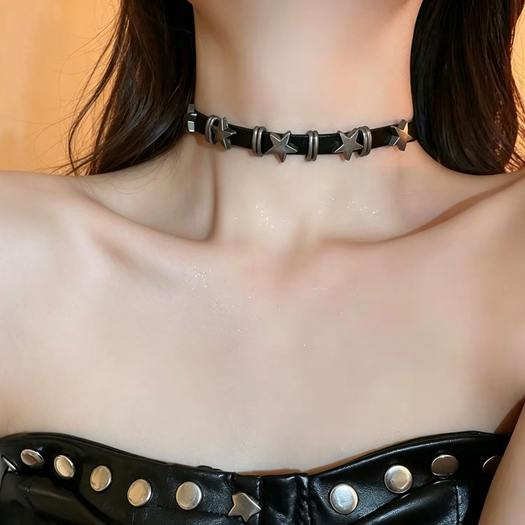 潮酷暗黑星星choker皮项圈女时髦辣妹风朋克项链颈饰纯欲小众颈链