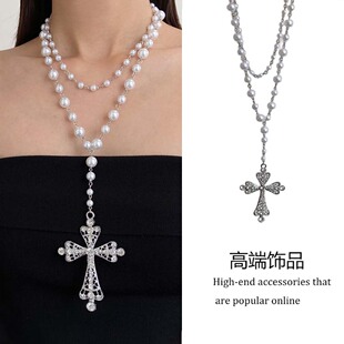双层叠戴金属镂空十字架珍珠项链女欧美夸张哥特choker长款毛衣链