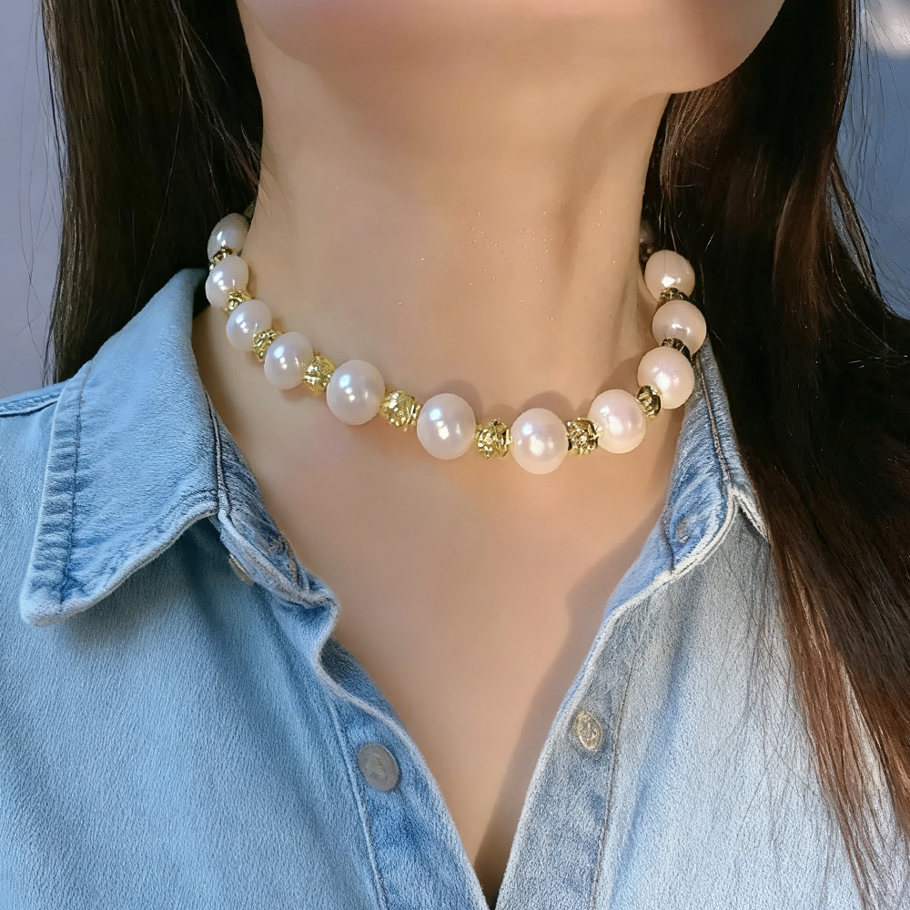 法式轻奢复古金属拼接珍珠项链女