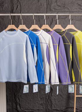 山系户外运动时尚情侣款撞色华夫格圆领纯色简单透气长袖T恤YB618