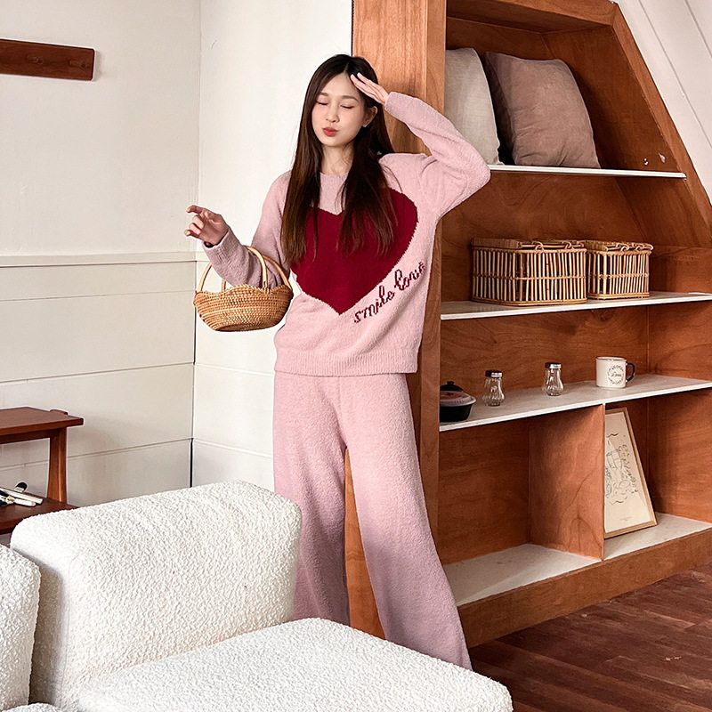 秋冬软绵绵半边绒保暖家居服套装怦然心动爱心甜美外穿女睡衣