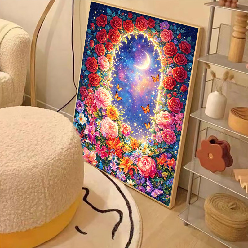 钻石画新款书房月亮玫瑰梦幻星空满钻客厅十字绣线绣竖版玄关小幅