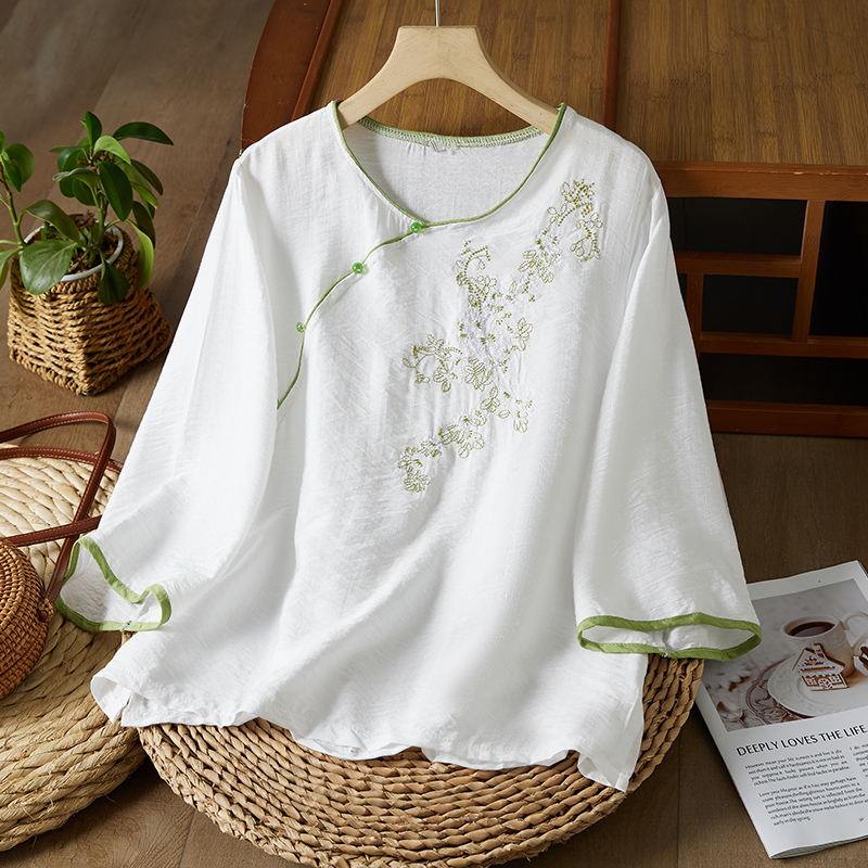 通勤夏季中式国风女珠扣小衫