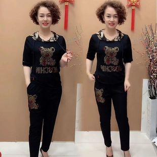 t恤小脚裤 休闲运动套装 烫钻宽松短袖 时尚 两件套 春夏女士2022新款