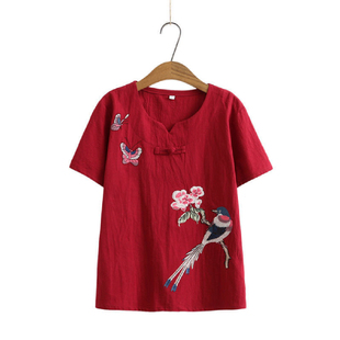 中国风棉麻上衣女亚麻棉刺绣t恤宽松短袖夏季复古绣花大码女装ins