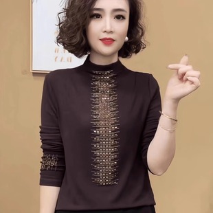 时尚 半高领显瘦小衫 洋气妈妈装 上衣烫钻弹力长袖 女 打底衫 秋冬新款