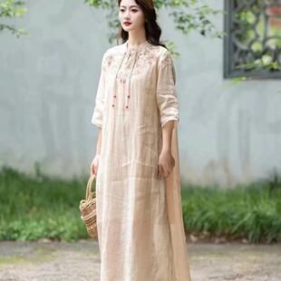 中式改良旗袍连衣裙七分袖2025春夏新款女装白色茶人服中长款裙子
