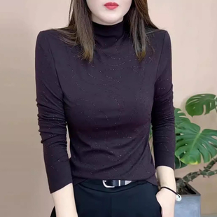 秋冬季新款半高领波浪纹烫钻洋气减龄纯色修身显瘦休闲气质打底衫