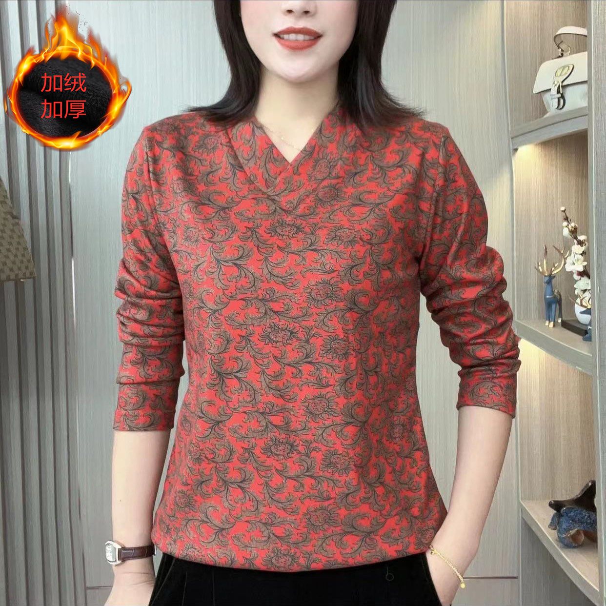 妈妈装一体绒打底衫女新款秋冬印花长袖上衣Z中年女装保暖衣冬季