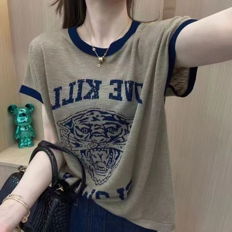 清仓秒杀~品牌折扣专柜撤回女冰丝t恤薄款宽松竹节棉卡通字母上衣
